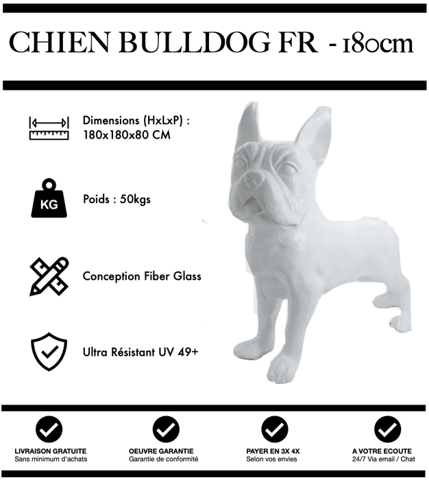 Sculpture Chien Bulldog FR Resine XXXL 180cm Statue - BLANC - MUZZANO