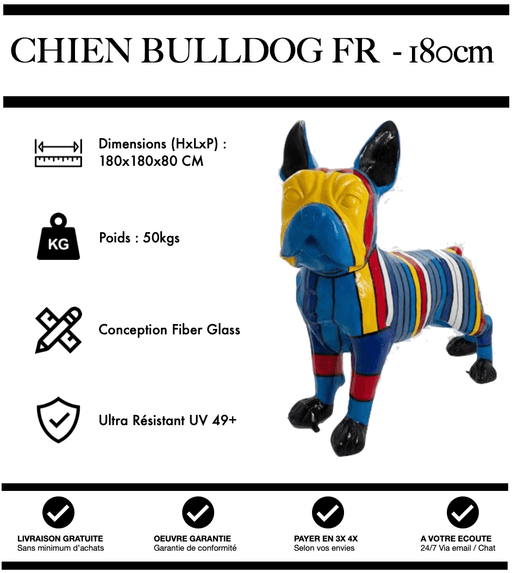Sculpture Chien Bulldog FR Resine XXXL 180cm Statue - Hiver - MUZZANO