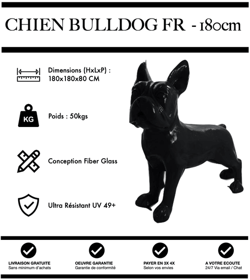 Sculpture Chien Bulldog FR Resine XXXL 180cm Statue - NOIR - MUZZANO