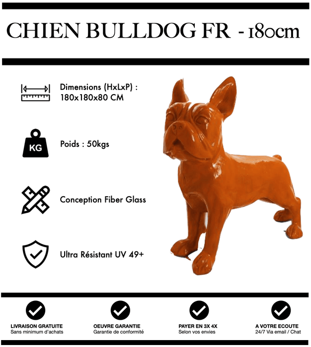 Sculpture Chien Bulldog FR Resine XXXL 180cm Statue - ORANGE - MUZZANO