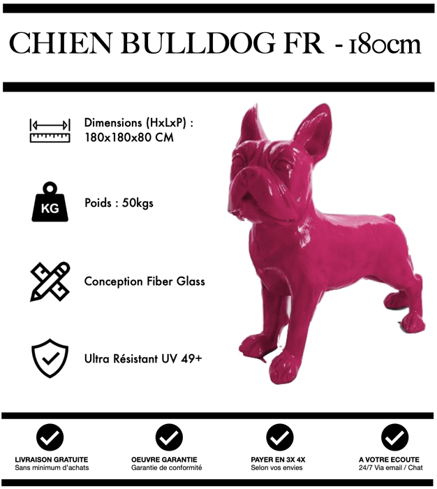 Sculpture Chien Bulldog FR Resine XXXL 180cm Statue - ROSE - MUZZANO