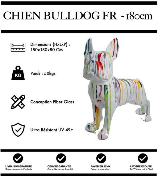 Sculpture Chien Bulldog FR Resine XXXL 180cm Statue - White Trash - MUZZANO