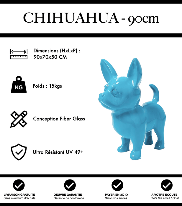 Sculpture Chien Chihuahua Resine XL 90cm Statue - Bleu Clair - MUZZANO