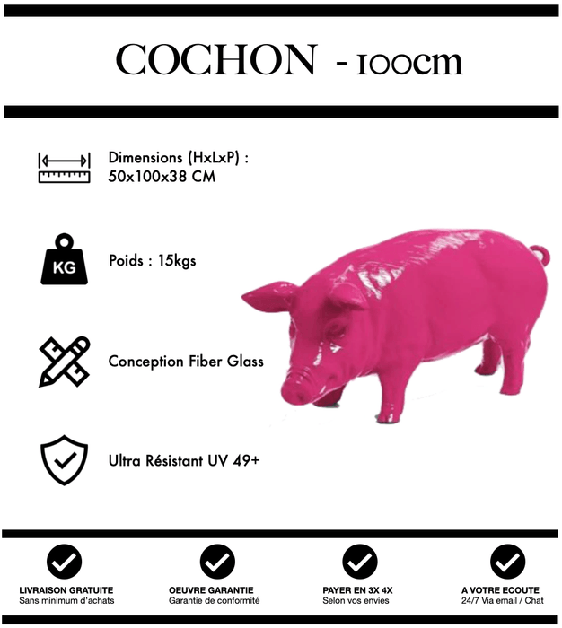 Sculpture Cochon Resine 100cm Statue - ROSE - MUZZANO