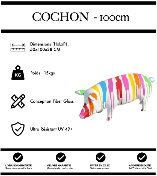 Sculpture Cochon Resine 100cm Statue - White Trash - MUZZANO