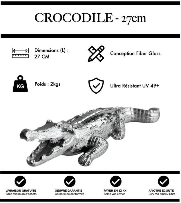 Sculpture Crocodile Resine 27cm Statue - SILVER CHROME - MUZZANO
