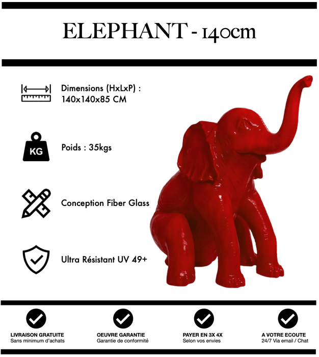 Sculpture Eléphant Resine XL 140cm Statue - Rouge - MUZZANO