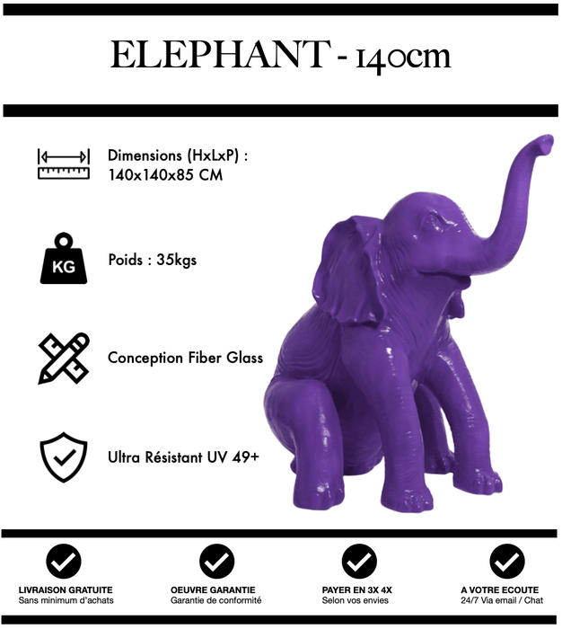 Sculpture Eléphant Resine XL 140cm Statue - VIOLET - MUZZANO