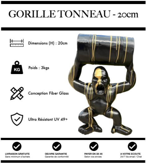 Sculpture Gorille Avec Tonneau Resine 20cm Statue - Gold Trash - MUZZANO