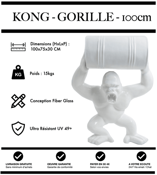Sculpture Gorille Resine 100cm Debout avec Tonneau Statue - BLANC - MUZZANO