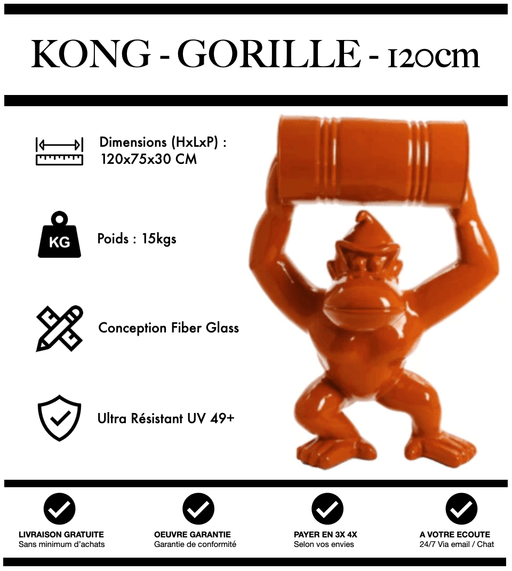 Sculpture Gorille Resine 120cm Debout avec Tonneau Statue - ORANGE - MUZZANO