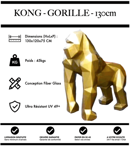 Sculpture Gorille Resine 130cm Origami Statue - Or - MUZZANO