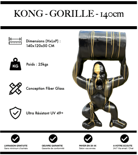 Sculpture Gorille Resine 140cm Debout avec Tonneau Statue - Bicolore - MUZZANO
