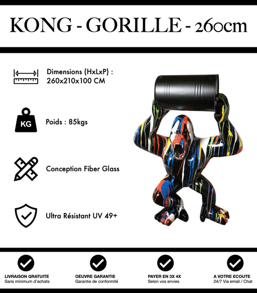 Sculpture Gorille Resine 260cm Debout avec Tonneau Statue - Black Trash - MUZZANO