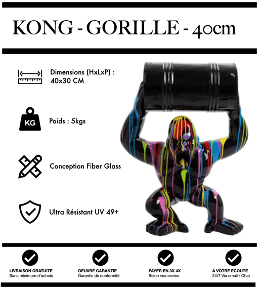 Sculpture Gorille Resine 40cm Debout avec Tonneau Statue - Black Trash - MUZZANO