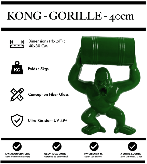 Sculpture Gorille Resine 40cm Debout avec Tonneau Statue - VERT - MUZZANO
