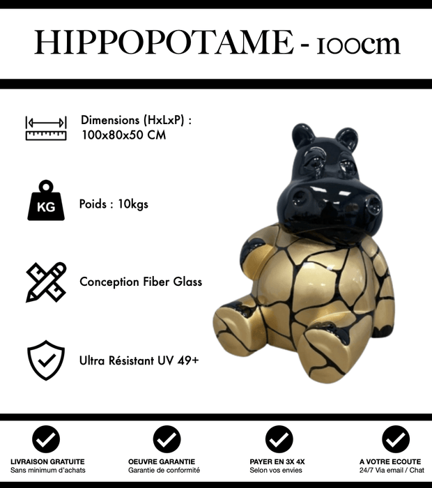 Sculpture Hippopotame Resine 100cm Statue - Noir et Or - MUZZANO