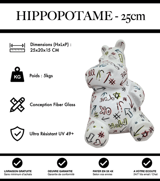 Sculpture Hippopotame Resine 25cm Statue - Motif Dessin - MUZZANO
