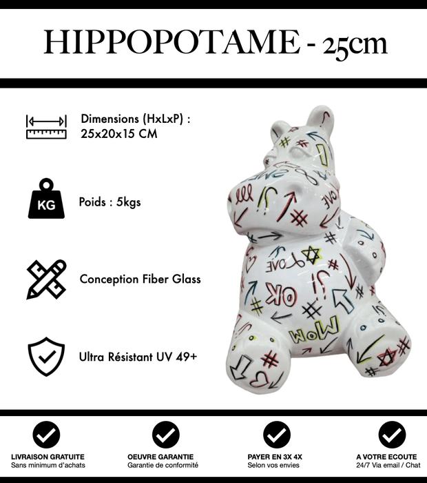Sculpture Hippopotame Resine 25cm Statue - Motif Dessin - MUZZANO
