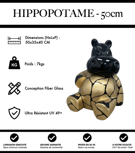 Sculpture Hippopotame Resine 50cm Statue - Noir et Or - MUZZANO