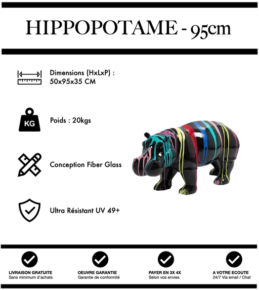 Sculpture Hippopotame Resine 95cm Statue - Black Trash - MUZZANO