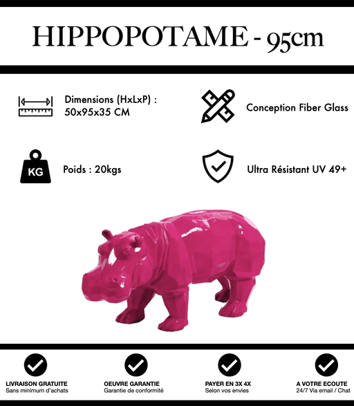 Sculpture Hippopotame Resine Origami 95cm Statue - Rose - MUZZANO