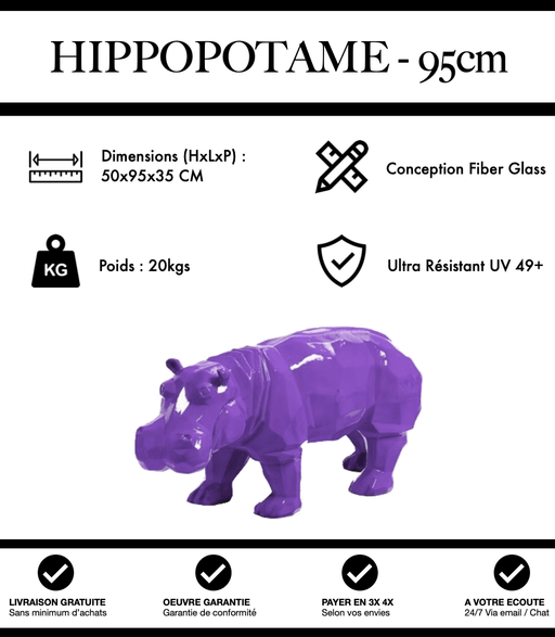 Sculpture Hippopotame Resine Origami 95cm Statue - Violet - MUZZANO