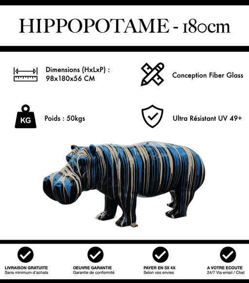 Sculpture Hippopotame Resine XXL 180cm Statue - Black and Blue Trash - MUZZANO