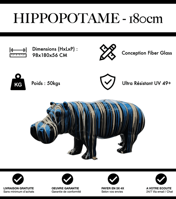 Sculpture Hippopotame Resine XXL 180cm Statue - Black and Blue Trash - MUZZANO