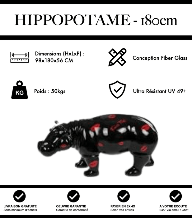 Sculpture Hippopotame Resine XXL 180cm Statue - Black Kiss - MUZZANO