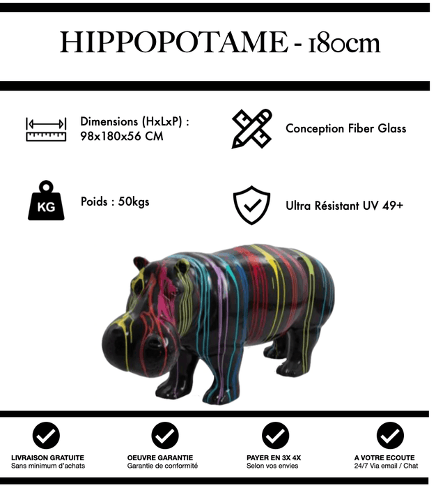 Sculpture Hippopotame Resine XXL 180cm Statue - Black Trash - MUZZANO