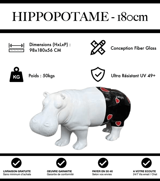 Sculpture Hippopotame Resine XXL 180cm Statue - Blanc et Noir Cœur - MUZZANO