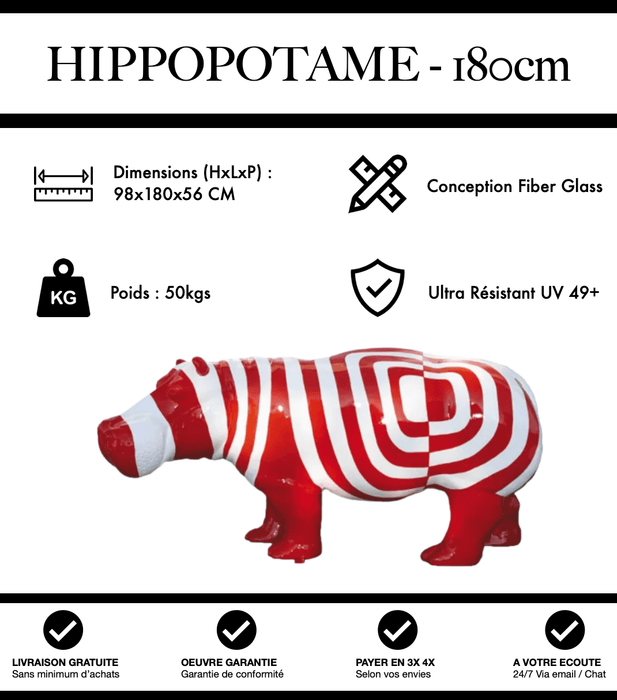 Sculpture Hippopotame Resine XXL 180cm Statue - Blanc et Rouge - MUZZANO