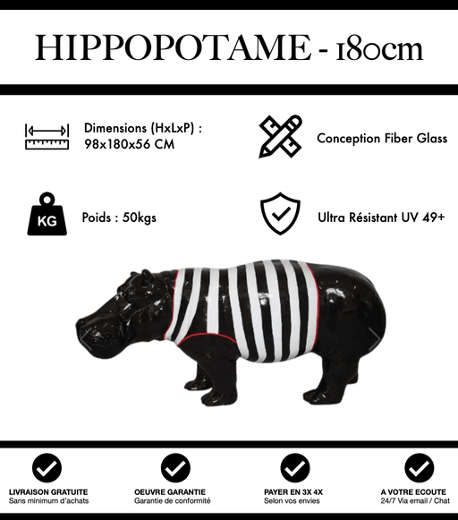 Sculpture Hippopotame Resine XXL 180cm Statue - Marinière Blanc - MUZZANO