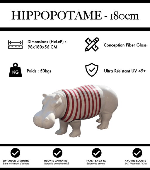Sculpture Hippopotame Resine XXL 180cm Statue - Marinière Rouge - MUZZANO