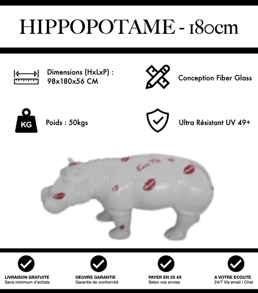 Sculpture Hippopotame Resine XXL 180cm Statue - White Kiss - MUZZANO