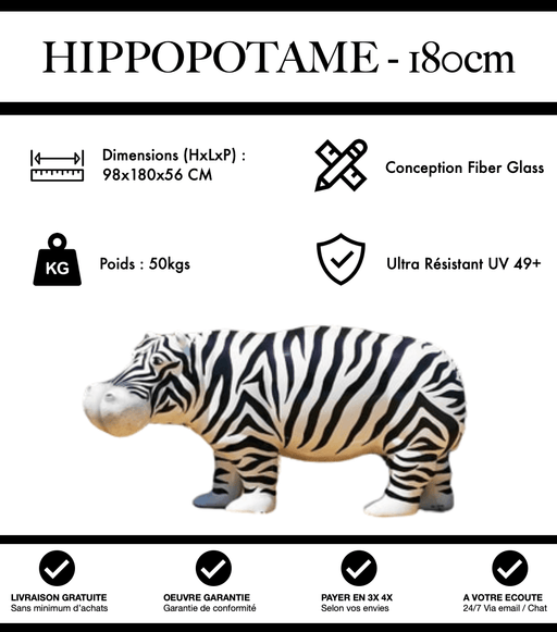 Sculpture Hippopotame Resine XXL 180cm Statue - Zebrage - MUZZANO