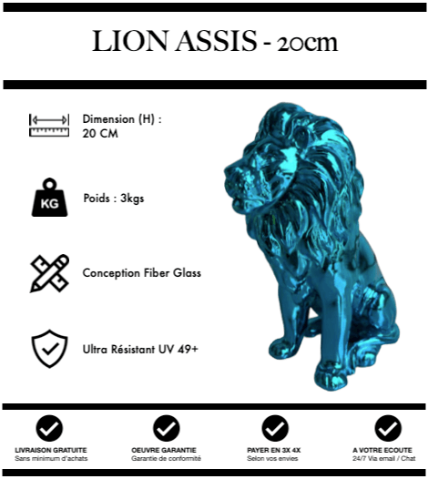 Sculpture Lion Assis 20cm Statue Resine - Bleu Chrome - MUZZANO