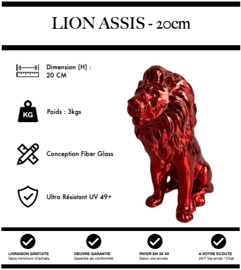 Sculpture Lion Assis 20cm Statue Resine - Rouge Chrome - MUZZANO