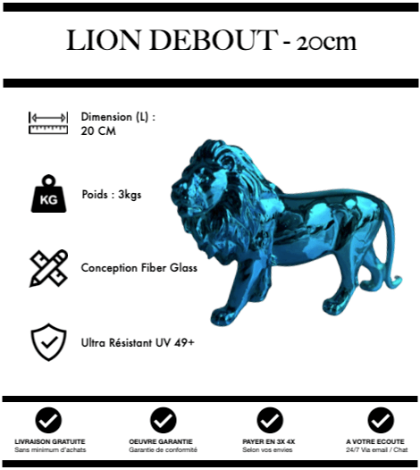 Sculpture Lion Debout 20cm Statue Resine - Bleu Chrome - MUZZANO