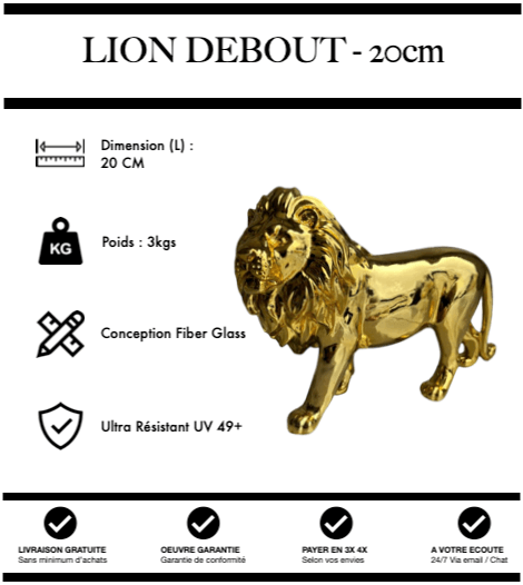 Sculpture Lion Debout 20cm Statue Resine - Gold Chrome - MUZZANO