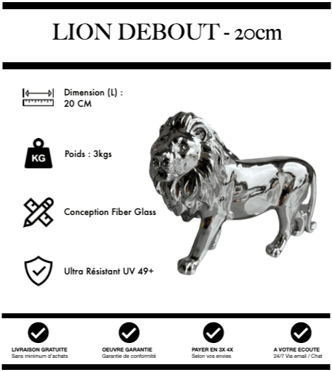 Sculpture Lion Debout 20cm Statue Resine - Silver Chrome - MUZZANO
