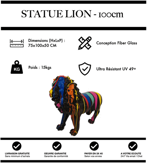 Sculpture Lion Resine 100cm Statue - Black Trash - MUZZANO