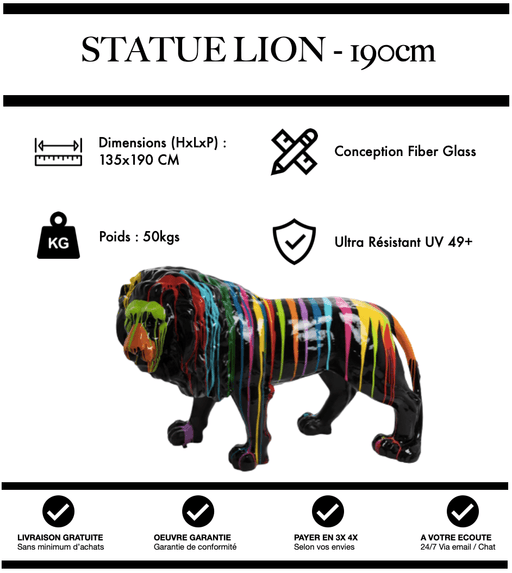 Sculpture Lion Resine XXL 190cm Statue - Black Trash - MUZZANO
