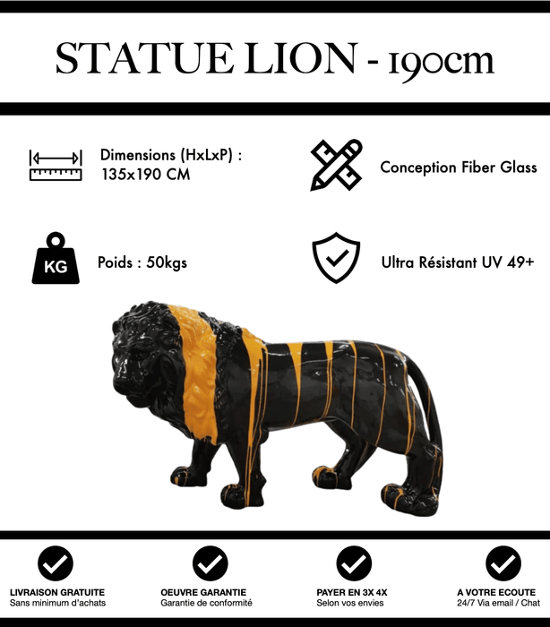 Sculpture Lion Resine XXL 190cm Statue - Noir et Or - MUZZANO