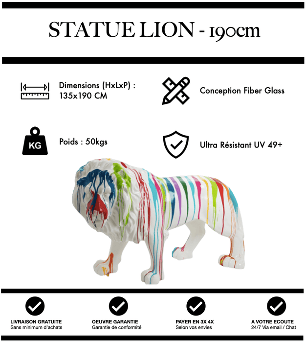 Sculpture Lion Resine XXL 190cm Statue - White Trash - MUZZANO