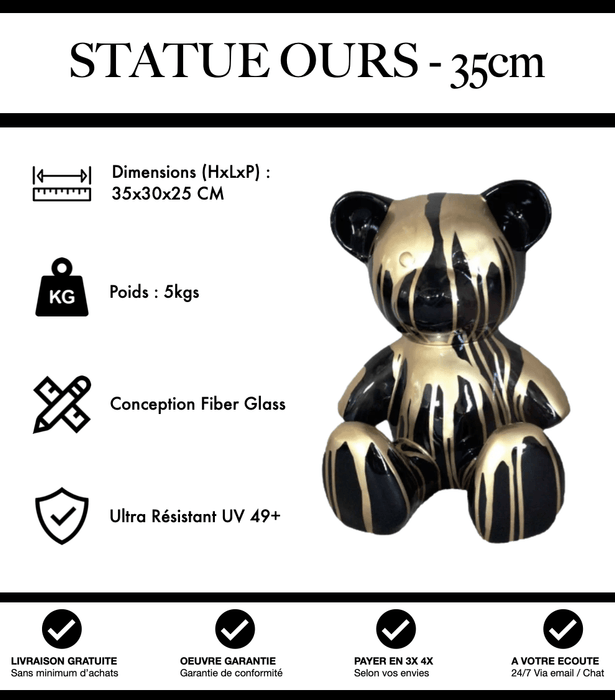 Sculpture Ours Resine 35cm Statue - Black and Gold Trash - MUZZANO