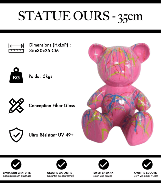 Sculpture Ours Resine 35cm Statue - Graffiti Rose - MUZZANO