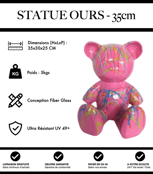 Sculpture Ours Resine 35cm Statue - Graffiti Rose - MUZZANO