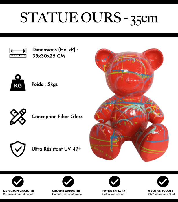 Sculpture Ours Resine 35cm Statue - Graffiti Rouge - MUZZANO